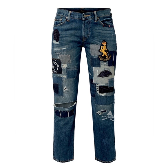 Polo Ralph Lauren Avery Patchwork Boyfriend Jeans, Blue Denim Lion Crest Size 25 - Picture 1 of 6